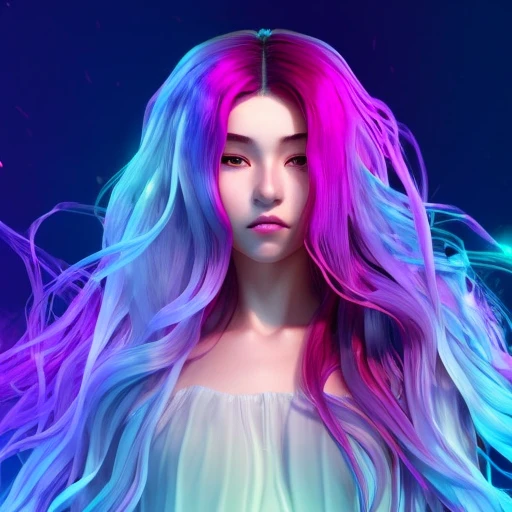 1 girl, solo, portrait , digital illustrated, flowing hair, glowing rainbow hair, night, red_moon, looking at the camera , looking_at_viewer, ring lighting, rim lighting, trending on artstation, wlop, dsktaro1