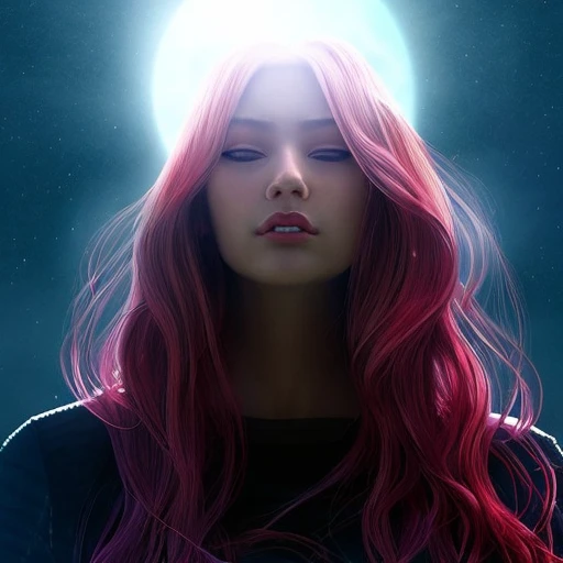 1 girl, solo, portrait , digital illustrated, flowing hair, glowing rainbow hair, night, red_moon, looking at the camera , looking_at_viewer, ring lighting, rim lighting, trending on artstation, wlop, dsktaro1