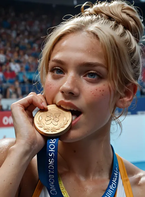 score_9, score_8_up, score_7_up, woman, biting Olympic medal, <lora:olimedbitepxl:0.9>, olimedbitepxl, 1girl, closeup, focus on face, best quality, masterpiece, hair-bun, German, blonde, freckles,