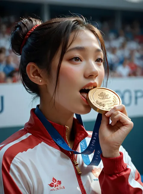 score_9, score_8_up, score_7_up, Chinese woman, holding medal, biting Olympic medal, <lora:olimedbitepxl:0.9>, olimedbitepxl, 1girl, closeup, white and red track suit, focus on face, best quality, masterpiece, hair-bun, asian,