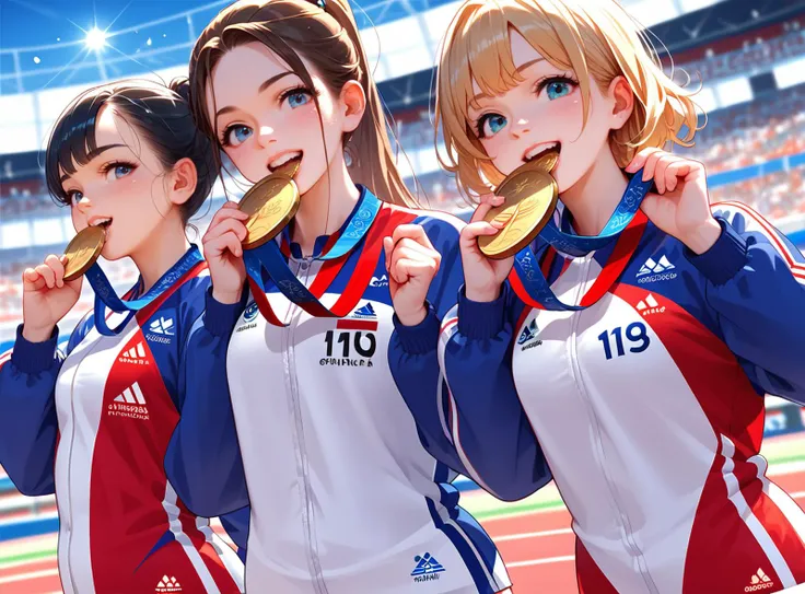 score_9, score_8_up, score_7_up, <lora:olimedbitepxl:0.8>, olimedbitepxl, 3girls, best quality, masterpiece, Olympics, standing on podium, biting Olympic medals, 5 fingers, anime, manga, 2d art.