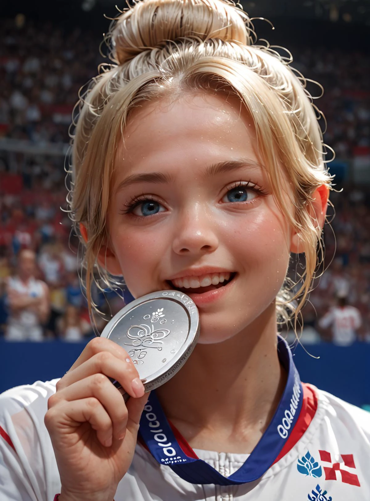 score_9, score_8_up, score_7_up, a cute girl biting a silver Olympic medal, <lora:olimedbitepxl:0.8>, olimedbitepxl, 1girl, closeup, focus on face, best quality, masterpiece, adorable, anime, blonde hair, hair bun, cartoon, 2d, olympics, canada