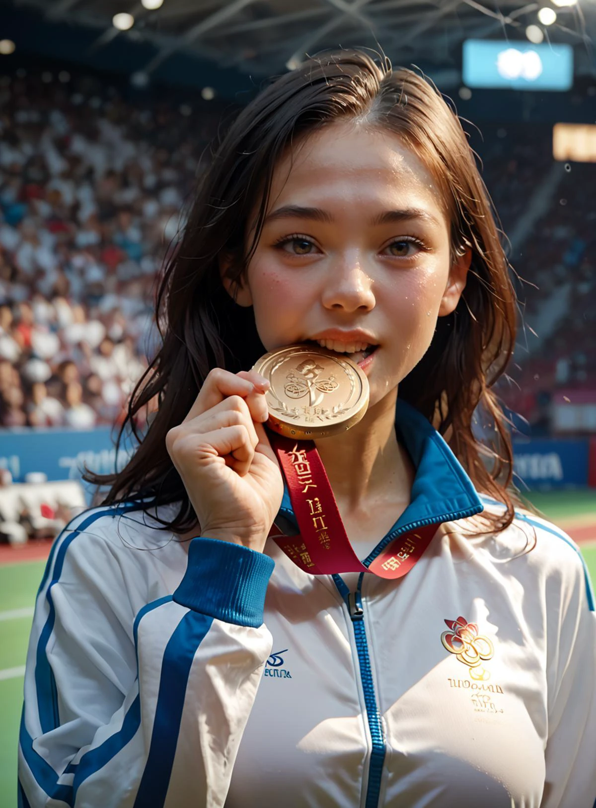 score_9, score_8_up, score_7_up, woman, holding medal, biting Olympic medal, <lora:olimedbitepxl:0.9>, olimedbitepxl, 1girl, closeup, white track suit, Chinese, focus on face, best quality, masterpiece,