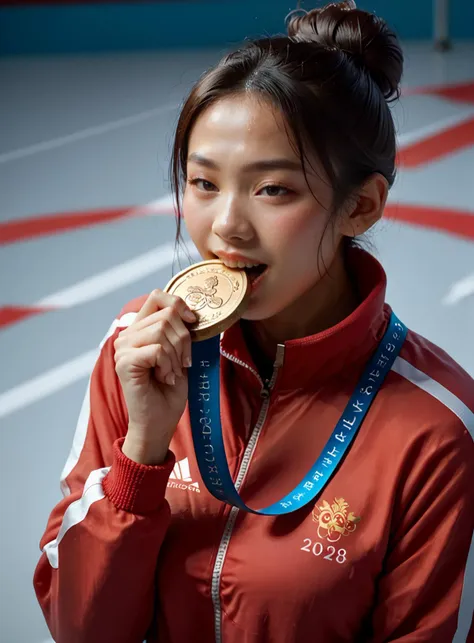 score_9, score_8_up, score_7_up, Chinese woman, holding medal, biting Olympic medal, <lora:olimedbitepxl:0.9>, olimedbitepxl, 1girl, closeup, white and red track suit, focus on face, best quality, masterpiece, hair-bun, asian,