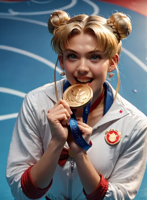 score_9, score_8_up, score_7_up, sailor moon, biting Olympic medal, holding medal, <lora:olimedbitepxl:0.9>, olimedbitepxl, 1girl, closeup, focus on face, best quality, masterpiece, white tracksuit, tiara, double bun, braids,