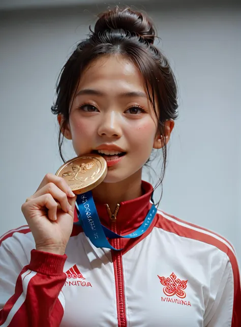 score_9, score_8_up, score_7_up, Chinese woman, holding medal, biting Olympic medal, <lora:olimedbitepxl:0.9>, olimedbitepxl, 1girl, closeup, white and red track suit, focus on face, best quality, masterpiece, hair-bun, asian,