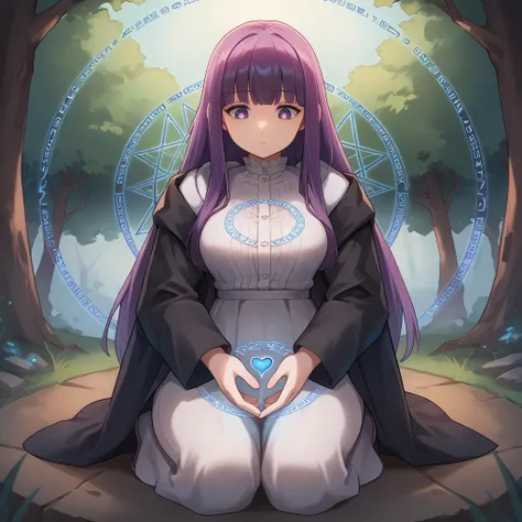 score_9, score_8_up, score_7_up, score_6_up, score_5_up, score_4_up, source_anime BREAK <lora:xl_Fern(pony):1>,fern is a girl with long purple hair and purple eyes, she is wearing the "feilunyifu" outfit which includes black coat and dress, (expressionless:1.1), looking down, bright pupils, from front, forest background,kneeling, big floating blue heart, <lora:Smooth Anime 2 Style SDXL_LoRA_Pony Diffusion V6 XL:0.75> BREAK (blue magic circle:1.2), <lora:RMSDXL_Enhance:3>