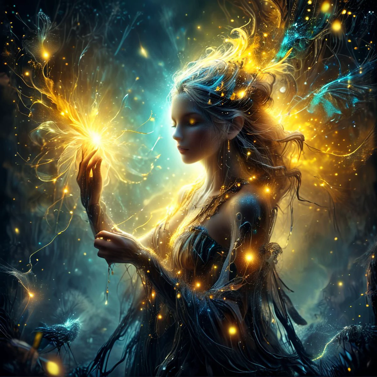 misty scene, a beautiful enchantress with yellow eyes, staff with large set yellow crystal, surrounded by fireflies <lora:MJ52:0.8> <lora:add-detail-xl:0.8> <lora:EpicF4nta5yXL:0.8> <lora:CBS_novuschroma12 style:0.5> novuschroma12, novuschroma12 style <lora:DonM5h4d0wM317XL:0.5> DonM5h4d0wM317XL <lora:SDXLFaeTastic2400:0.6> <lora:light_transformer:0.7>lightlora,made from light,light,light particles,glowing