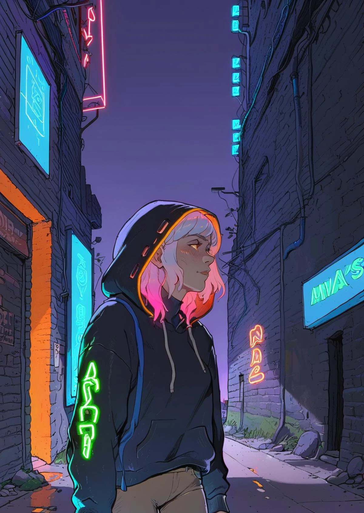 high-quality 4k hd  flat-color cartoon artwork in jmst artstyle, moebius, mgcliu
dutch angle, 
a woman with medium-length colorful hair wearing hoodie walking under a glowing neon sign in an alleyway
shadows, dramatic lighting , gradient 
[(details:1.2): [ (many small details:1.3) : [ (many ultrasmall details: 1.2):(very detailed ultrasmall edges and microrelief:1.5):0.7 ]: 0.4 ] :0.2]
  <lora:SDXL1.0_Essenz-series-by-AI_Characters_Style_MoebiusJeanGiraudVoyageDHermes-v1.1:0.8> <lora:tag is mgcilu:0.6>