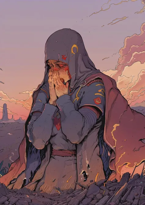 high-quality 4k hd  flat-color cartoon artwork in jmst artstyle, moebius, mgcliu
sunset 
 1girl crying 
ripped clothe
 the post-war scene embodies both the scars of conflict and the human spirit's enduring capacity for recovery and renewal.
shadows,   , gradient , dramatic lighting 
[(details:1.2): [ (many small details:1.3) : [ (many ultrasmall details: 1.2):(very detailed ultrasmall edges and microrelief:1.5):0.7 ]: 0.4 ] :0.2]
  <lora:SDXL1.0_Essenz-series-by-AI_Characters_Style_MoebiusJeanGiraudVoyageDHermes-v1.1:0.7> <lora:tag is mgcilu:0.7>