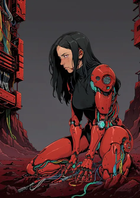 high-quality 4k hd  flat-color cartoon artwork in jmst artstyle, moebius, mgcliu
triadic color palleted,
1girl, cyborg , sit on the ground detailed hands detailed body side view complex background long black straight hair mechanical arms red turtleneck tight oriental poetic horror ghost tubes , wires Apocalyptic and post-apocalyptic fiction
shadows, dramatic lighting , gradient 
[(details:1.2): [ (many small details:1.3) : [ (many ultrasmall details: 1.2):(very detailed ultrasmall edges and microrelief:1.5):0.7 ]: 0.4 ] :0.2]
  <lora:SDXL1.0_Essenz-series-by-AI_Characters_Style_MoebiusJeanGiraudVoyageDHermes-v1.1:0.8> <lora:tag is mgcilu:0.6>