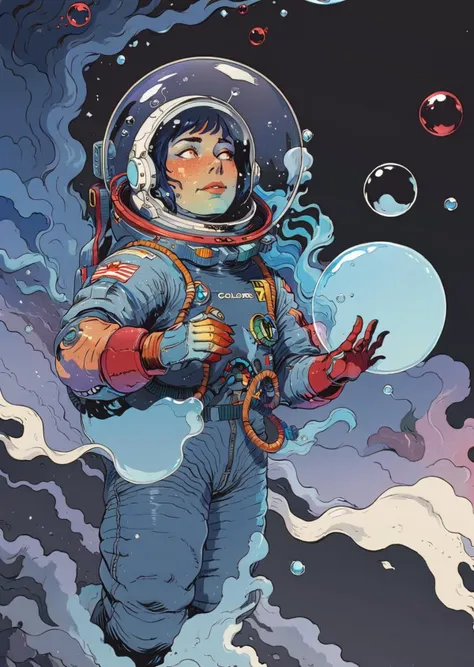 high-quality 4k hd  flat-color cartoon artwork in jmst artstyle, moebius, mgcliu
triadic color palleted,
 1950s poster of a stunning   woman   cosmonaut,
((space_style:0.6), cosmic outer space theme:1.1), bubble-mage, joyful, dynamic pose, colorful mage robes, surrounded by magical red bubbles, rainbow, large bubbles, floating particles, foam, transclucent, swirling bubbles, mesmerizing, ethereal aura, bubbles in background, twinkle, ethereal atmosphere
shadows, dramatic lighting , gradient 
[(details:1.2): [ (many small details:1.3) : [ (many ultrasmall details: 1.2):(very detailed ultrasmall edges and microrelief:1.5):0.7 ]: 0.4 ] :0.2]
  <lora:SDXL1.0_Essenz-series-by-AI_Characters_Style_MoebiusJeanGiraudVoyageDHermes-v1.1:0.8> <lora:tag is mgcilu:0.6>