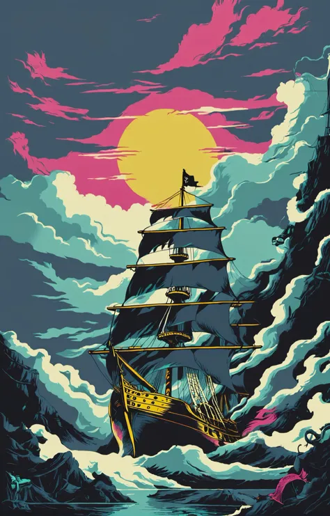 triadic color palete, mgcilu, poster for a 1980s pirate movie, <lora:tag is mgcilu:1>, god rays, epic mist