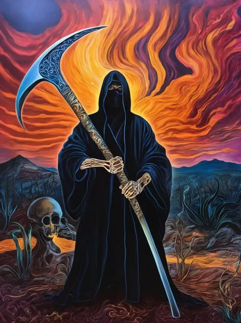 Amanda Sage style, 1man, Death wears a black robe, holds a scythe, mgcilu, <lora:last-000002:0.94>, <lora:tag is mgcpnt:0.5>, (front view), contrasting colors, bold colors, accent lighting,
dynamic dramatic dark moody lighting, hdr, projection lighting,
