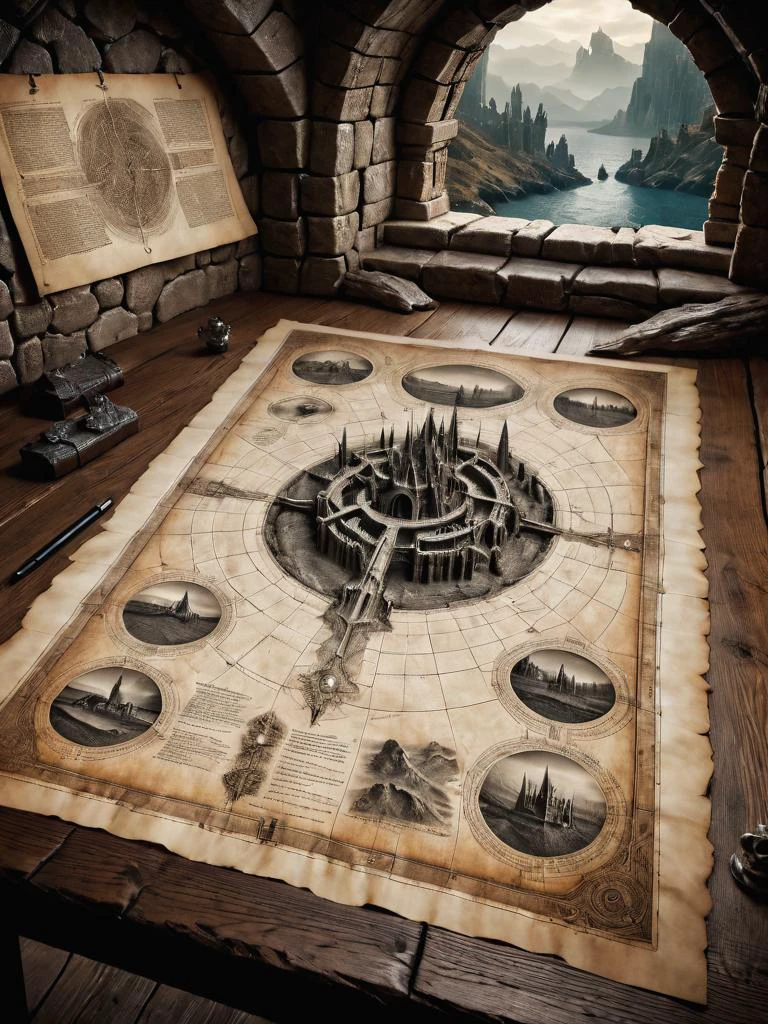 first person perspective looking at a diagram of a fantasy dungeon, resting on an oak table, traditional media, (fantasy parchment), held, hands, screengrab, csu, cross-section, from the side, underground, burrow, fantasy landscape, national geographic, best quality, masterpiece, quality grunge effect, film grain on skin only. <lora:Artists_Edge-000006:0.5>