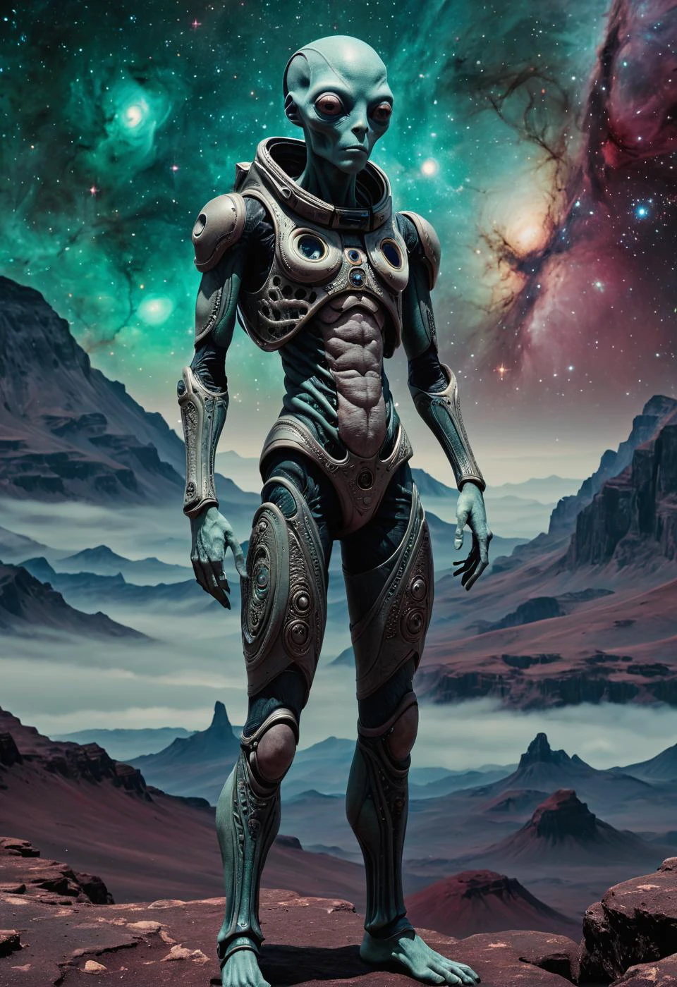 Alien-themed The grey watcher stares into our future,, rich color, grainy nebula background, clear focus, full body portrait, ultra detailed . Extraterrestrial, cosmic, otherworldly, mysterious, sci-fi, highly detailed