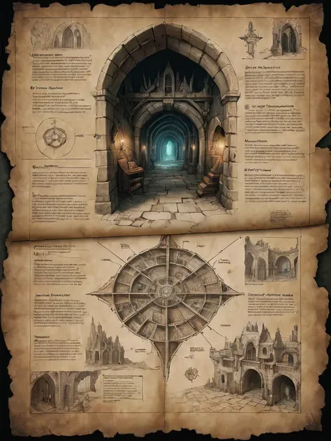 first person perspective looking at a diagram of a fantasy dungeon, traditional media, fantasy parchment, held, hands, anime screengrab, csu, cross-section, from the side, underground, burrow, fantasy landscape, national geographic, best quality, masterpiece,