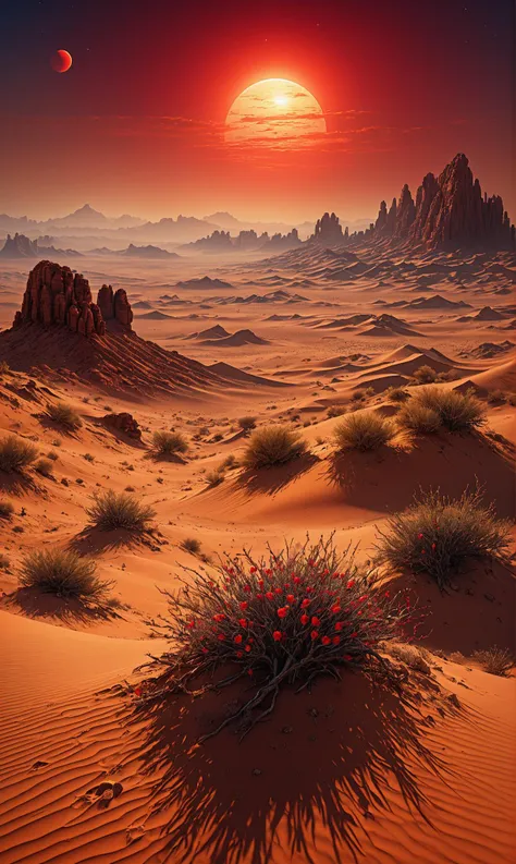 Dreamscape A desert with red sun, ultra hd, realistic, vivid colors, highly detailed, UHD drawing, pen and ink, perfect composition, beautiful detailed intricate insanely detailed octane render trending on artstation, 8k artistic photography, photorealistic concept art, soft natural volumetric cinematic perfect light . Surreal, ethereal, dreamy, mysterious, realistic fantasy, grainy, gritty, highly detailed