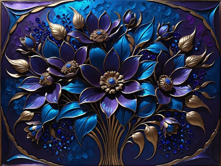 surrealism painting, 16k, extreme detail, fine textures, ((deep shadows)), dark, sharp lines, , A bunch of blooming flowers,the petals show different shades of blue and purple,the center is embellished with brass texture,sparkling,elegant and unique,gently swaying,mysterious and charming,realistic <lora:Artists_Edge-000006:0.4>