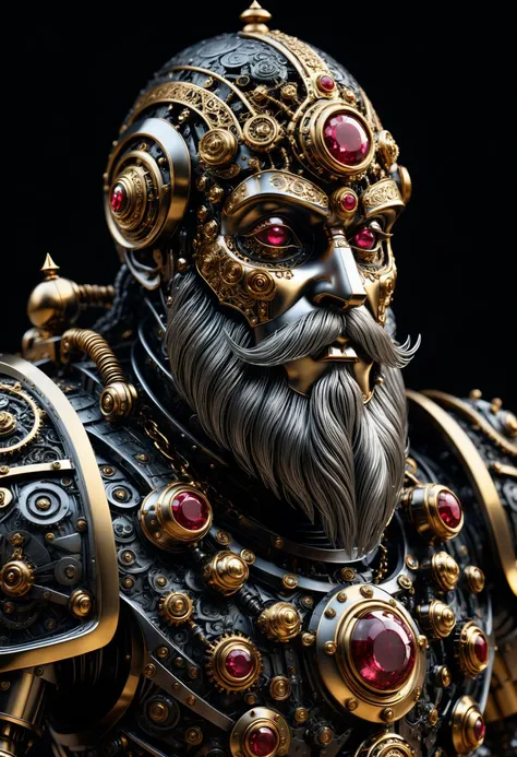 portrait of a robotic dwarf, metal skin, embossed polished gold, ruby eyes, black metal large beard, very intricate, detailed, HDR, UHD, 4k, black background with steam, looking at viewer