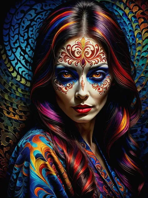 Hyperrealistic art  An evil ghost woman looking at viewer, dynamic side turned pose,  [dark limited palette:0.3],  dramatic backlighting, vivid camouflage  micro color accents, . Vibrant colors, swirling patterns, abstract forms, surreal, trippy  <lora:The_Dark_Side_Of_The_Future:0.23> <lora:Dont_Stop_Me_Now:-0.27> <lora:d3qck artstyle:-0.17> <lora:add-detail-xl:1> <lora:Artists_Edge-000006:0.39>  <lora:symmetrical:0.2> <lora:sweaty:0.3>  . Extremely high-resolution details, photographic, realism pushed to extreme, fine texture, incredibly lifelike