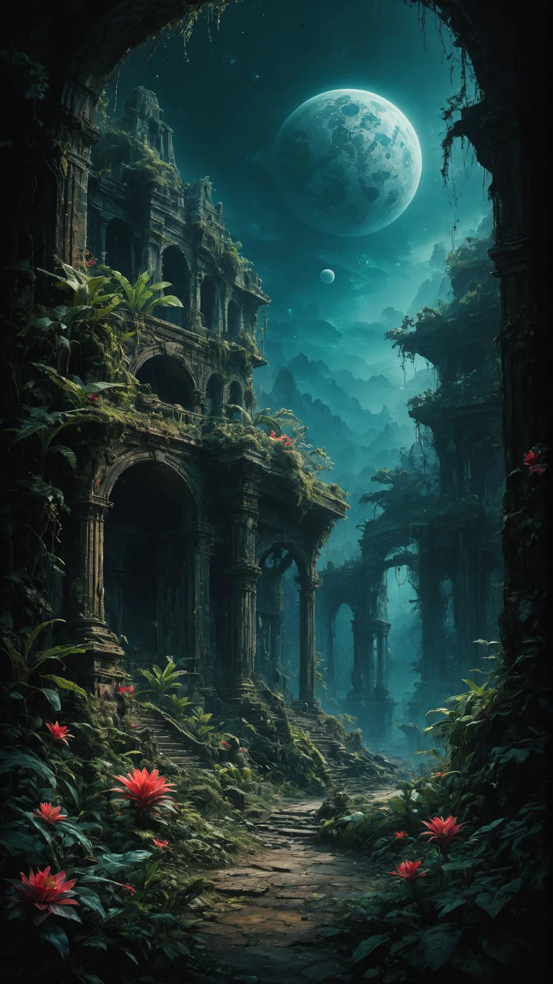 Surrealist art Concept Art,(masterpiece:0.3) high detailed,bright natural lighting,shadows,high contrast,a tropical Forest in alien planet,two big moons in sky,Old civilization ruins,seeing (mythical alien like not on earth plantations Neon lights on Flower kind plants) Trees plants and flowers from the ground,view from below,atmospheric dreamscape painting,dream scenery art,highly detailed visionary art,cgi style,vibrant oil painting,splash art,Cozy mystery,masterpiece 8k wallpapper,neoplasticism,Unreal Engine,dramatic lightingvines,overgrown,ink stains,ink splatters,ink runs,ink spots,faded ink,ral-dissolve,linquivera,liiv1,on parchment, Nightmare like, mysterious, provocative, symbolic, intricate, detailed
