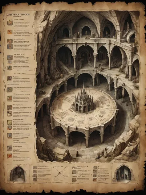 first person perspective looking at a diagram of a fantasy dungeon, traditional media, fantasy parchment, held, hands, anime screengrab, csu, cross-section, from the side, underground, burrow, fantasy landscape, national geographic, best quality, masterpiece,