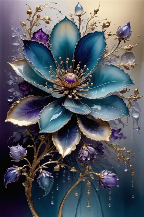 A bunch of blooming flowers,the petals show different shades of blue and purple,the center is embellished with gold texture,sparkling,elegant and unique,gently swaying,mysterious and charming,realistic and abstract art,details,very realistic,beautiful and vital,dreamlike and surreal,delicate brush strokes and rich colors,beauty and mystery,unimaginable beauty,Ornate And Intricate,transparent,translucent,Agate material,jade material,BY Anne Bachelier,