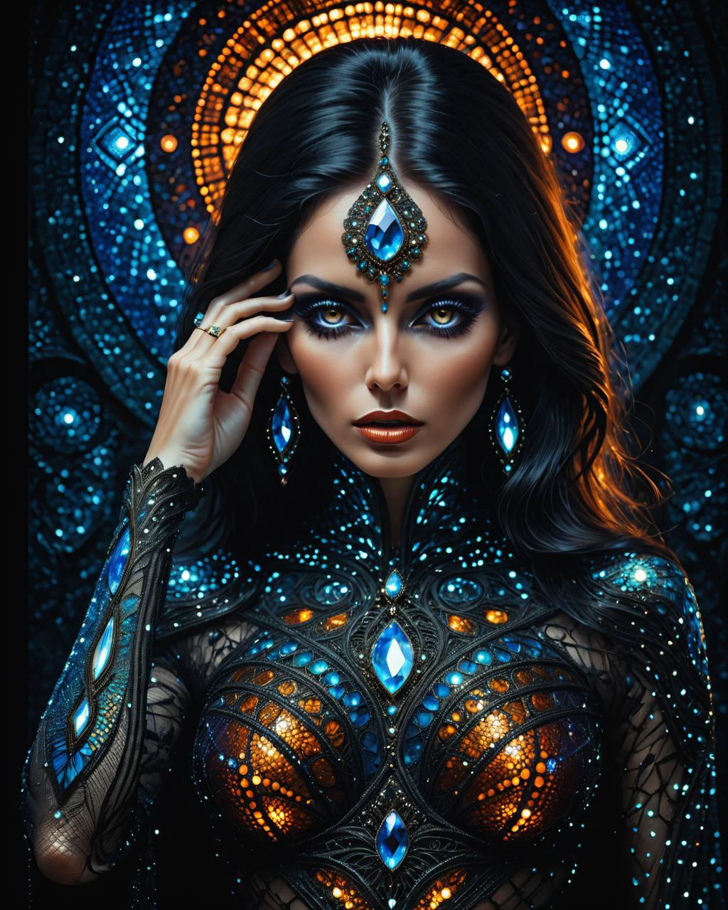 Alien-themed Pointillism style A RAW photograph of an otherworldly psychic woman, holding her hand to her temple, bold lines, hyper detailed, dark limited palette, (straight hair, )dramatic lighting, (intricate details, masterpiece, best quality:1.4),, [brilliant amber dusk, art by Greg Rutkowski, Artgerm, WLOP, Alphonse, Beeple and Caravaggio, Lapidary of a Sisal-plated abysues magic LED lights float to cast light and shadow., Heidelberg School, F/5, multidimensional . Magical, evil, fantastical, futuristic, demonic, grunge style, highly detailed <lora:Artists_Edge-000006:0.8> . Composed entirely of small, distinct dots of color, vibrant, highly detailed . Extraterrestrial, cosmic, otherworldly, mysterious, sci-fi, highly detailed