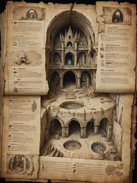 first person perspective looking at a diagram of a fantasy dungeon, traditional media, fantasy parchment, held, hands, anime screengrab, csu, cross-section, from the side, underground, burrow, fantasy landscape, national geographic, best quality, masterpiece,