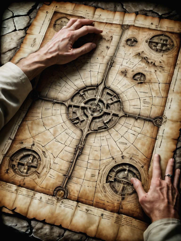 first person perspective looking at a diagram of a fantasy dungeon, traditional media, (fantasy parchment), held, hands, screengrab, csu, cross-section, from the side, underground, burrow, fantasy landscape, national geographic, best quality, masterpiece, quality grunge effect, film grain on skin only. <lora:Artists_Edge-000006:1>
