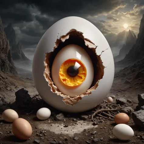 Surrealist art angry egg killing the viewer with his eyes,epic, cinematic, brilliant, grim but funny, intricate meticulously detailed, sharp focus, digital matte painting, fantastical , hyperrealistic masterwork by head of prompt engineering , hyperkraximalism . Dreamlike, mysterious, provocative, symbolic, intricate, detailed