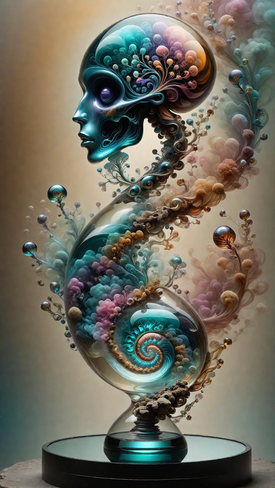 Smoke art Pallet knife, Psychedelic style, smooth glass like water flows over rounded black glass and rock smoothed over by the liquid wonder of magical DNA, Muted colors, swiriling patterns, abstract forms, surreal, trippy (A robotic head appears in the smoke, hovering.<lora:Artists_Edge-000006:1> . high-res, dry, smokey, dusty, colorful, tiny floating particles, modern art style, ghostly background imagry