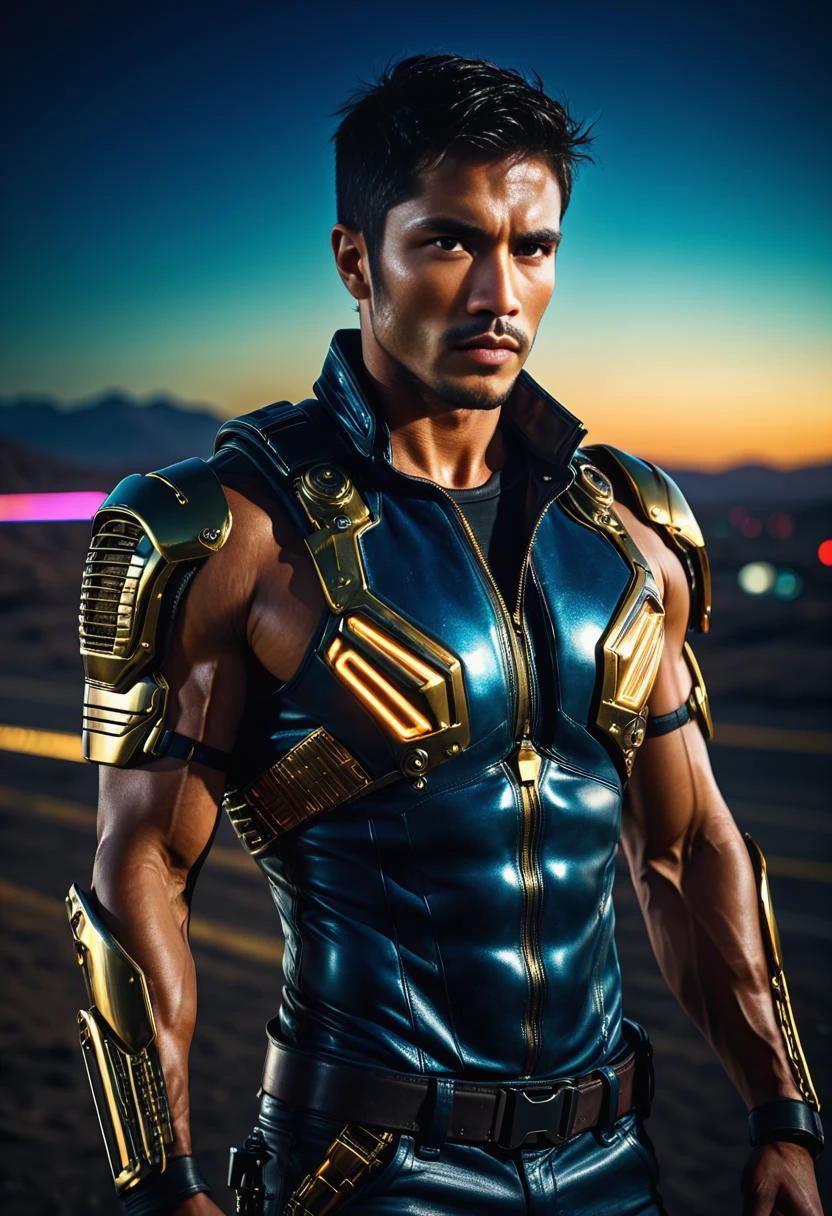 Tribal Future themed analog film photo An extremely masculine and handsome male soldier, extreme muscles, [pacific Asian],, futuristic brass mercury armor. [dark blue and amber toned sky], dusk, black messy hair, stubble, cinematic light,,solo,  too many pronounced veins in arms,),,((realistic hair)), (standing),,(character focus),science fiction, extreme detailed, colorful, highest detailed, trousers, ,Movie Still],  . faded film, desaturated, 35mm photo, grainy, vignette,  gritty, grunge, grungy, punk, neon punk, mad max, vintage, Kodachrome, Holography, stained, highly detailed,  confident. . Vibrant, muted colors, futuristic, reflective chrome, earth tones, alien jungle atmosphere, shiny metals and glass, neon lights, angular lines, highly detailed