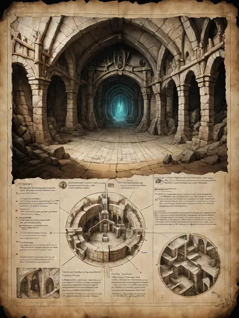 first person perspective looking at a diagram of a fantasy dungeon, traditional media, fantasy parchment, held, hands, anime screengrab, csu, cross-section, from the side, underground, burrow, fantasy landscape, national geographic, best quality, masterpiece,