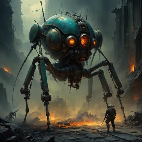 Dark fantasy concept art of  Surrealist art, angry robotic [insect]  like  soldier,epic, cinematic, fusion reactor in belly, transparent elements., Heavy oil painting, trending on facebook, muted colors, slate tones, brush strokes, puddy knife marks, edgy areas next to smooth areas, dark next to light, soft next to hard, a blast of colorful paint, ridges of thick paint create shadows and thick texture, smokey grainy areas next to smooth open areas, a sense of three dimensions, an abstraction of details in color and form, ((oily texture with clumps of paint)). . magnificent, celestial, evil, cinematic, epic, majestic, magical, fantasy photography, cover art, gritty and realistic