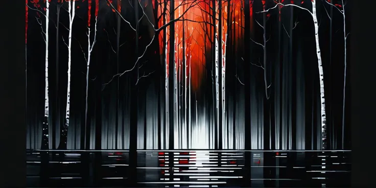 Monochrome Red A semi abstract oil painting depicting the rain through the trees in an amber winter storm, accents of grey and red at dusk, an abstract painting, dark moody, [trees under water]. . Black, cobalt and ivory, contrast, tone, texture, detailed