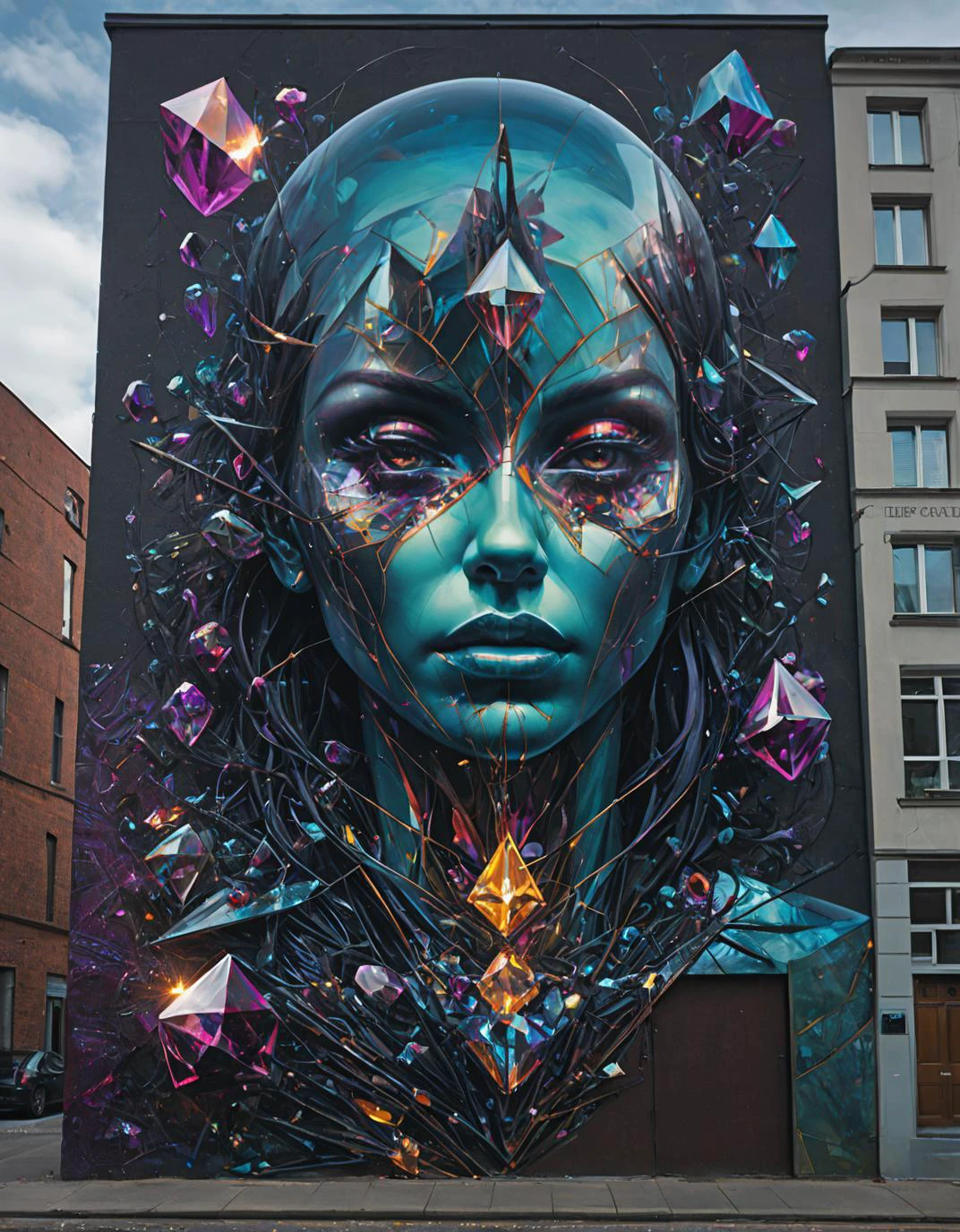 Graffiti style by Greg Rutkowski, Artgerm, WLOP, Alphonse, Beeple and Caravaggio, Lapidary of a Sisal-plated abysues magic crystals, Heidelberg School, F/5, multidimensional . Magical, evil, fantastical, futuristic, demonic, grunge style, highly detailed . Street art, vibrant, urban, detailed, tag, mural