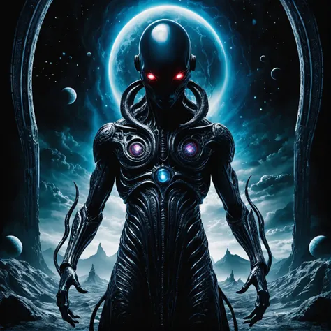 Alien-themed high contrast image of a prophecy for a fantasy, the curse of a vivid mind, Stark differences, bold shadows, intense highlights, dramatic, vivid separation . Extraterrestrial, cosmic, otherworldly, mysterious, sci-fi, highly detailed