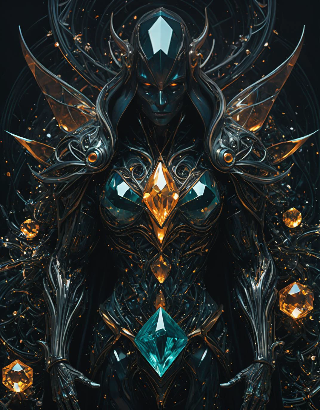 Abstract style by Greg Rutkowski, Artgerm, WLOP, Alphonse, Beeple and Caravaggio, Lapidary of a Sisal-plated abysues magic crystals, Heidelberg School, F/5, multidimensional . Magical, evil, fantastical, futuristic, demonic, grunge style, highly detailed . Non-representational, colors and shapes, expression of feelings, imaginative, highly detailed