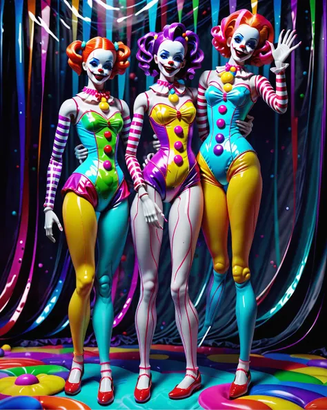 Artistic photography style  clown party, glossy, cgi, game graphic, too slick, hair, Barbie like, neck veins, sleepy, two people, (low quality, worst quality:1.3), bad anatomy, added limbs, missing limbs, missing fingers, watermarks, signature, portrait painting in background, airbrushed, plastic toy land, clown party.  <lora:Artists_Edge:1> . Energetic, professional, modern design, high-resolution, avant guard, highly detailed, original concept