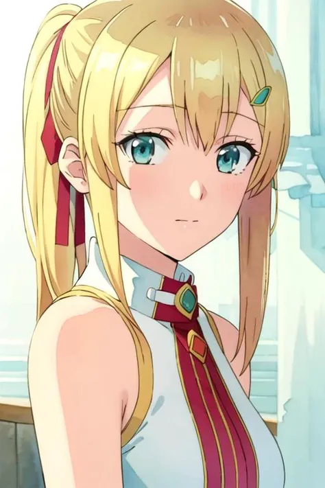 masterpiece, best quality, illustration, 1girl, solo, looking at viewer, , depth of field, (watercolor illustration, soft pastel colors:1.1), realistic, <lora:emma_brightness:0.70>, emma_brightness, blonde hair, aqua eyes, hairclip, bare shoulders, ribbon, side ponytail