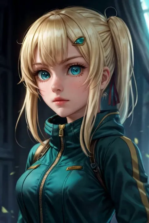 masterpiece, best quality, movie still, 1girl, solo, looking at viewer, upper body, depth of field, ligne claire, , <lora:emma_brightness:0.74>, emma_brightness, blonde hair, aqua eyes, hair ornament, , , bangs, jumpsuit, , grimdark,