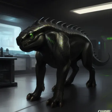 highly detailed, hi res, detailed face, solo, male, tail, (feral varren, quadruped, reptile:1), looking at viewer, green eyes, black body, detailed background, chunie, pino daeni, science fiction, laboratory, oil painting,   <lora:varren-v1e2:1>