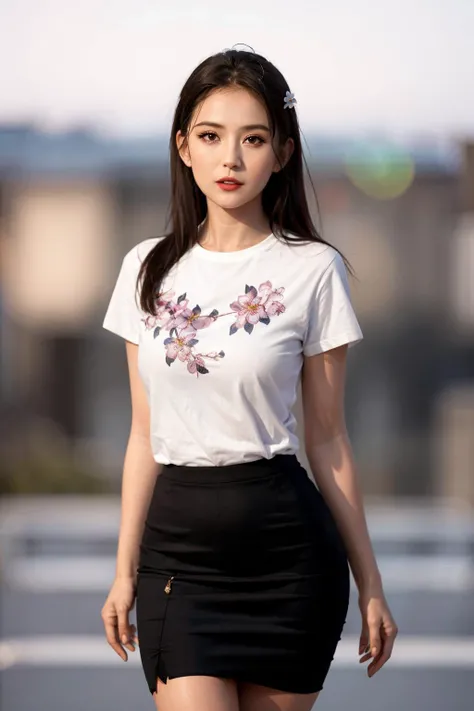 <lora:Reyizha4-May11:0.65> 1girl, (looking at viewer), (bokeh:1.2), parted lips, realistic, standing on one leg, t-shirt,pencil skirt,
school_yard,plum blossoms,
realistic,