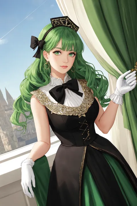 1 woman, solo, adult, mature, voluptuous, doll like, sexy, sparkling green eyes, frilly victorian dress, glitter, magic, bow, curtains, earrings, bauble, gloves, jewelry, night, green hair, wavy hair, long hair, formal, sky, long skirt, covered, vantage point, rembrandt lighting, dusk, evening, green theme