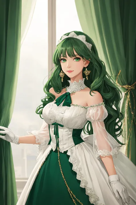 1 woman, solo, adult, mature, voluptuous, doll like, sexy, sparkling green eyes, frilly victorian dress, glitter, magic, bow, curtains, earrings, bauble, gloves, jewelry, night, green hair, wavy hair, long hair, formal, sky, long skirt, covered, vantage point, rembrandt lighting, dusk, evening, green theme