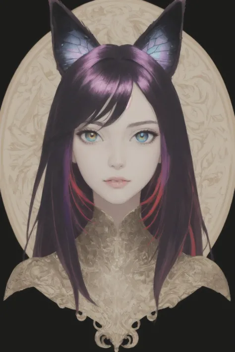 8k portrait of beautiful cyborg with red hair, anime style, multicolored hair, black hair, purple hair, fox ears, animal ears, holographic, see through gossamer, realistic, textured skin, specular highlights, intricate, elegant, highly detailed, majestic, digital photography, art by boris vallejo surreal painting gold butterfly filigree, broken glass, heterochromia, (masterpiece, sidelighting, finely detailed beautiful eyes: 1.2), hdr