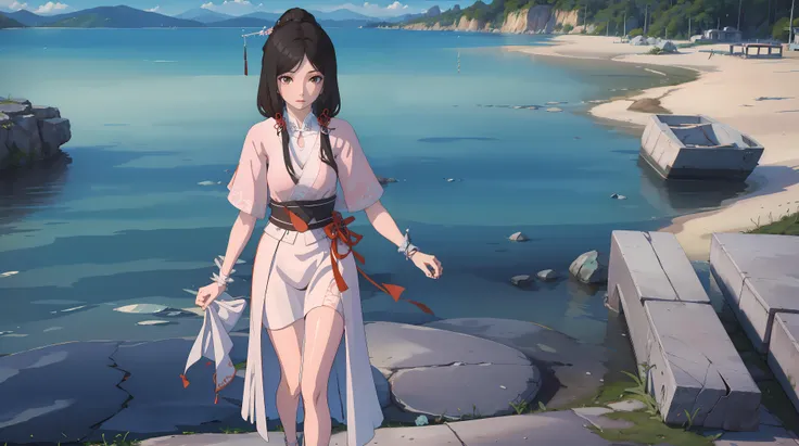 masterpiece,best quality,1girl, black_hair, ((solo)),wedding dress, walking,seaside, beach, <lora:songyan:0.5> ,