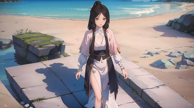 (masterpiece:1.2), (best quality), (ultra detailed), (8k, 4k, intricate), (full-body-shot:1), (highly detailed:1.2), (detailed face:1.2), (detailed background), (beach background), detailed landscape, ((pov)), cowboy shot, standing, furisode_kirika, grin, hands on hips, detached sleeves, skimpy kimono,